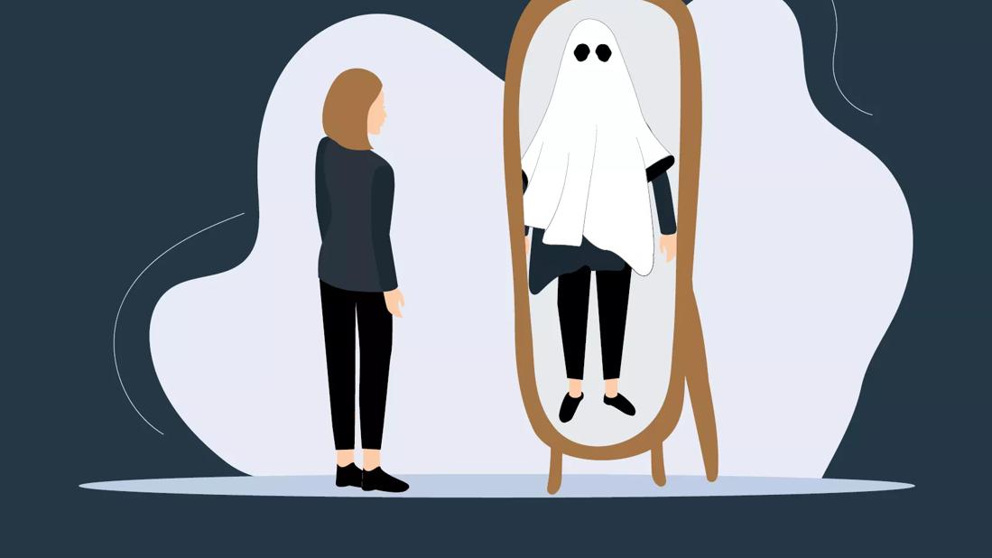 Person looking in mirror, with reflection of a ghost version of themselves