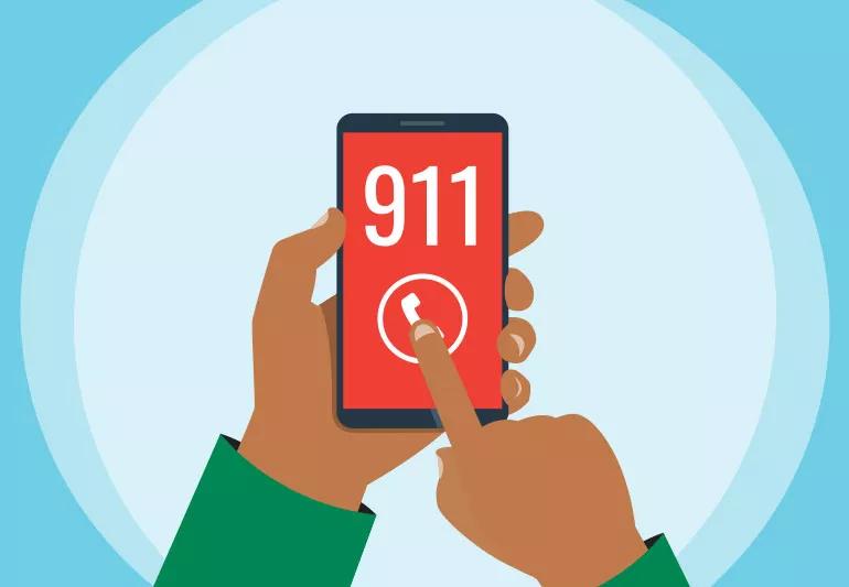 Illustration of a person holding phone and dialing 911