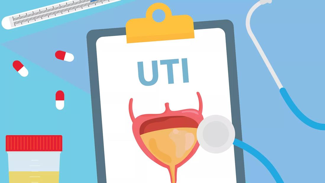 An illustration of a urine sample, needle, pills and a stethoscope surrounding a clipboard