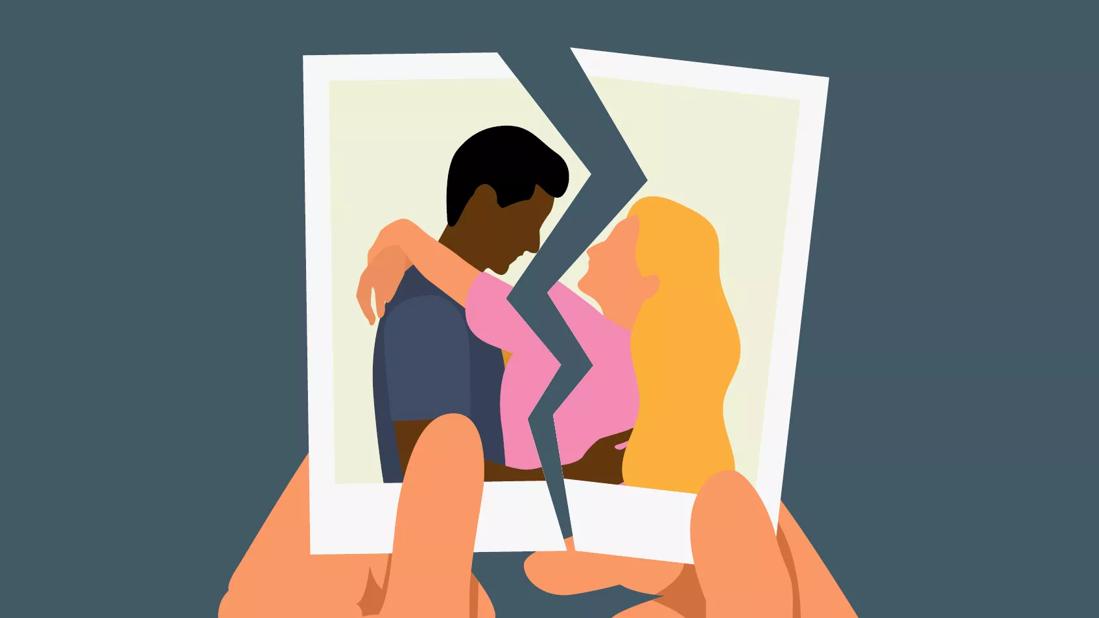 An illustration of a person holding a photo of a couple that's been torn in half