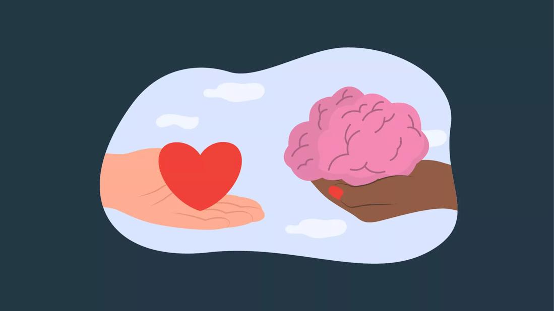 hand holding a heart next to a hand holding a brain