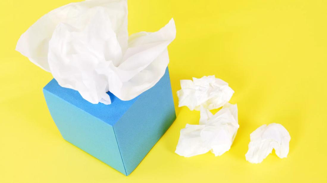 Surprising Relief for Your Stuffy Nose? Have Sex | Photo of blue tissue box with crumpled tissues beside it