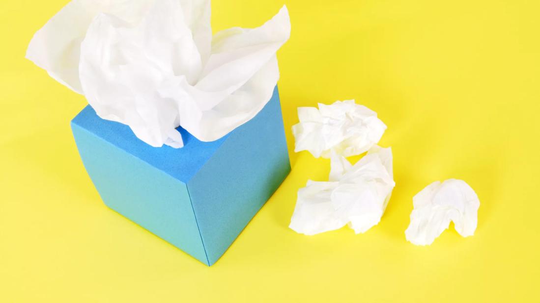 Surprising Relief for Your Stuffy Nose? Have Sex | Photo of blue tissue box with crumpled tissues beside it