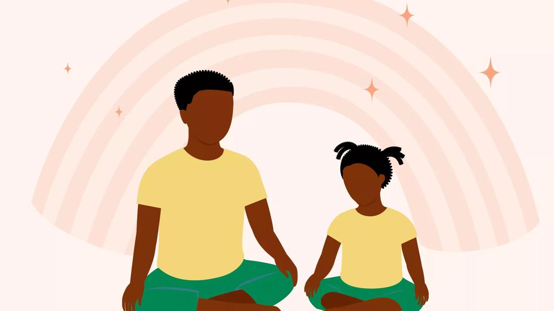 An illustration of a adult and a child practicing meditation
