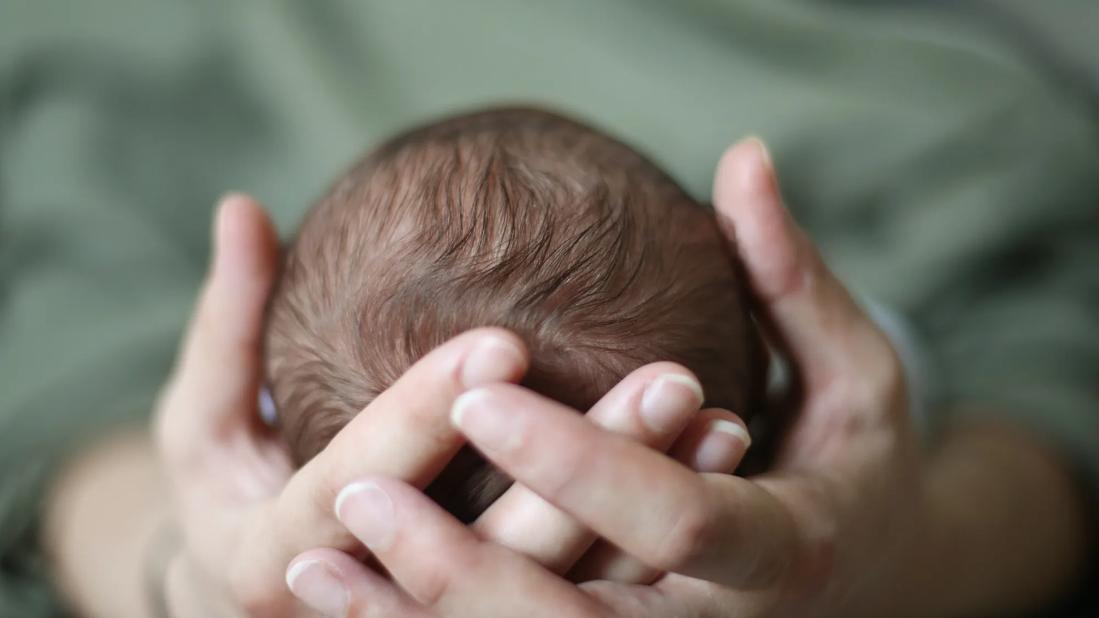 Hands cradling a newborn baby's head