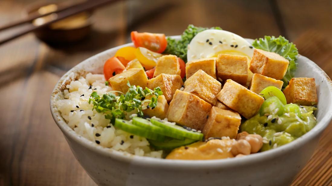 Protein bowl of tofu, eggs, rice and veggies