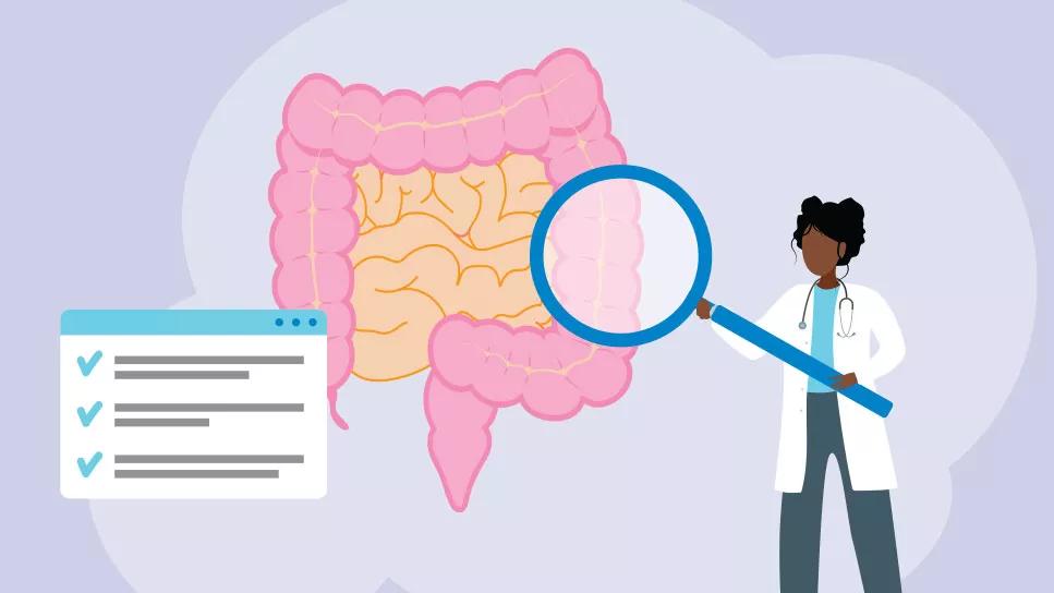 Physician examines oversized colon with giant magnifying glass, with report in foreground