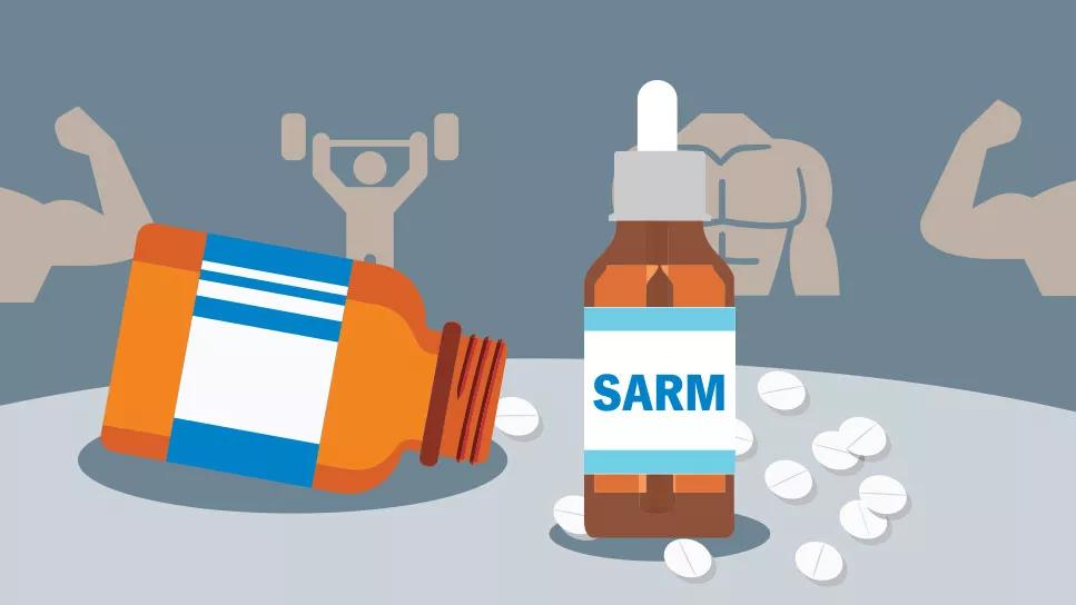 bottle of SARM tablets and liquid, with muscular people in background
