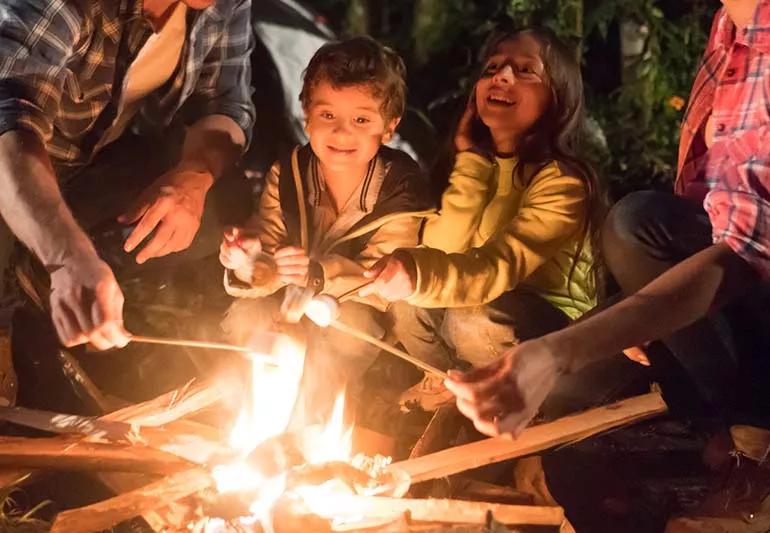 Family roasting marshmellows around a bonfire.