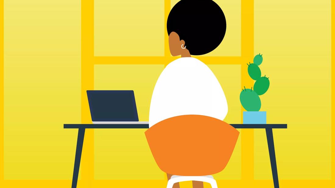 An illustration of a person sitting at a desk with a computer and cactus