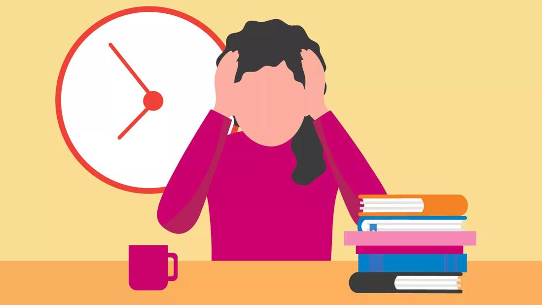 person stressing, with clock and books