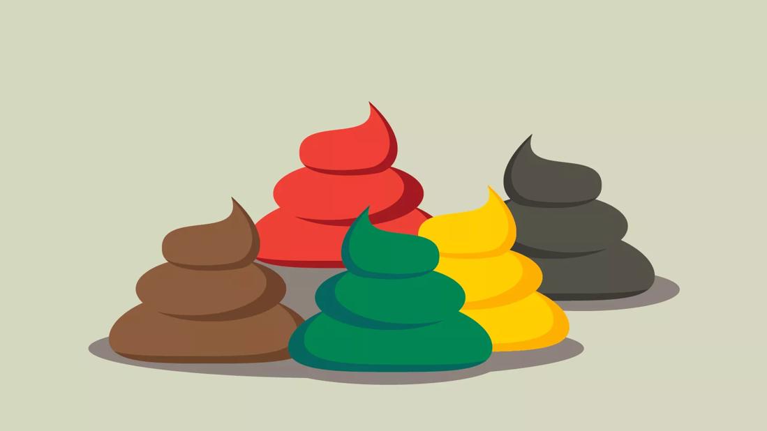 Various piles of colorful poop in brown, red, green, yellow and black.