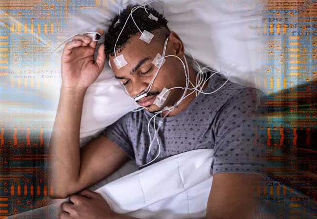 man undergoing polysomnography against machine learning background