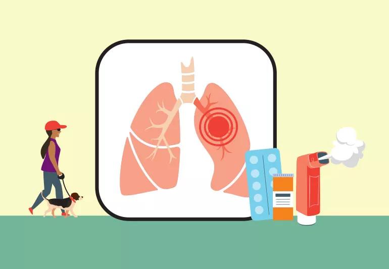 COPD in lungs as background with medications and person walking in foreground.