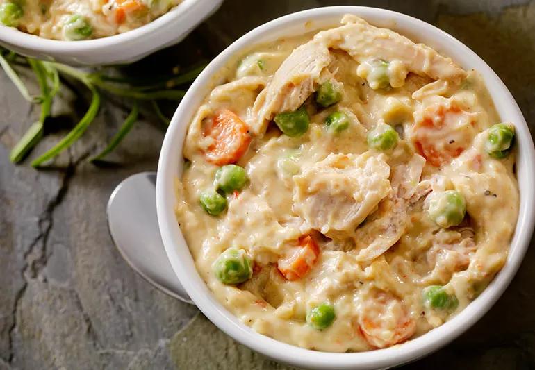 Bowl of slow cooker chicken pot pie.