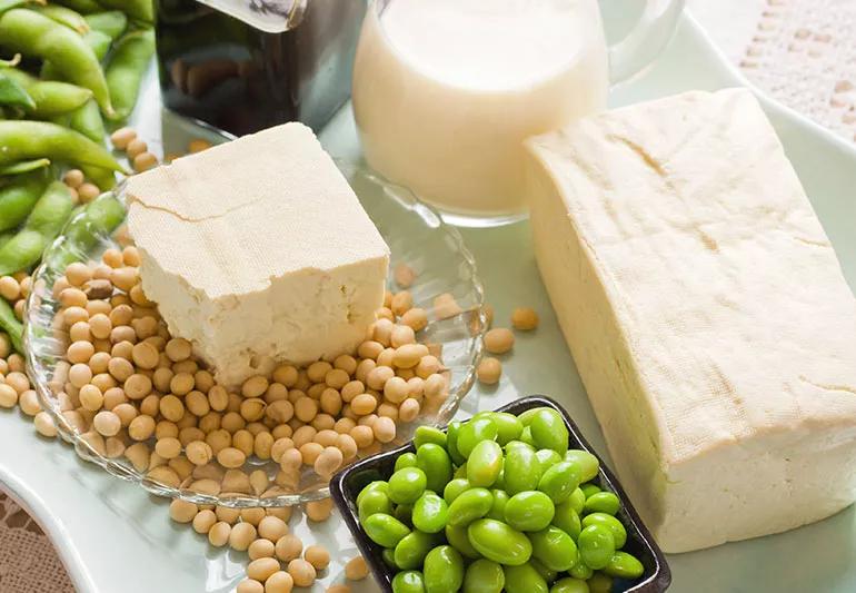 A collection of foods like tofu, edamame and soy milk