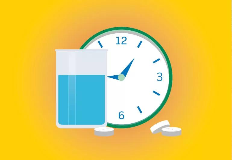 Visual graphic of a clock, water glass and Aspirin tablets.