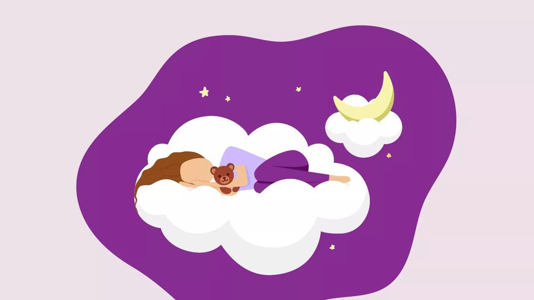 Child sleeping on a cloud clutching a teddy bear.