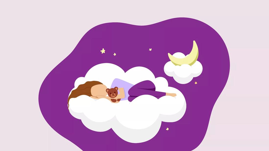 Child sleeping on a cloud clutching a teddy bear.