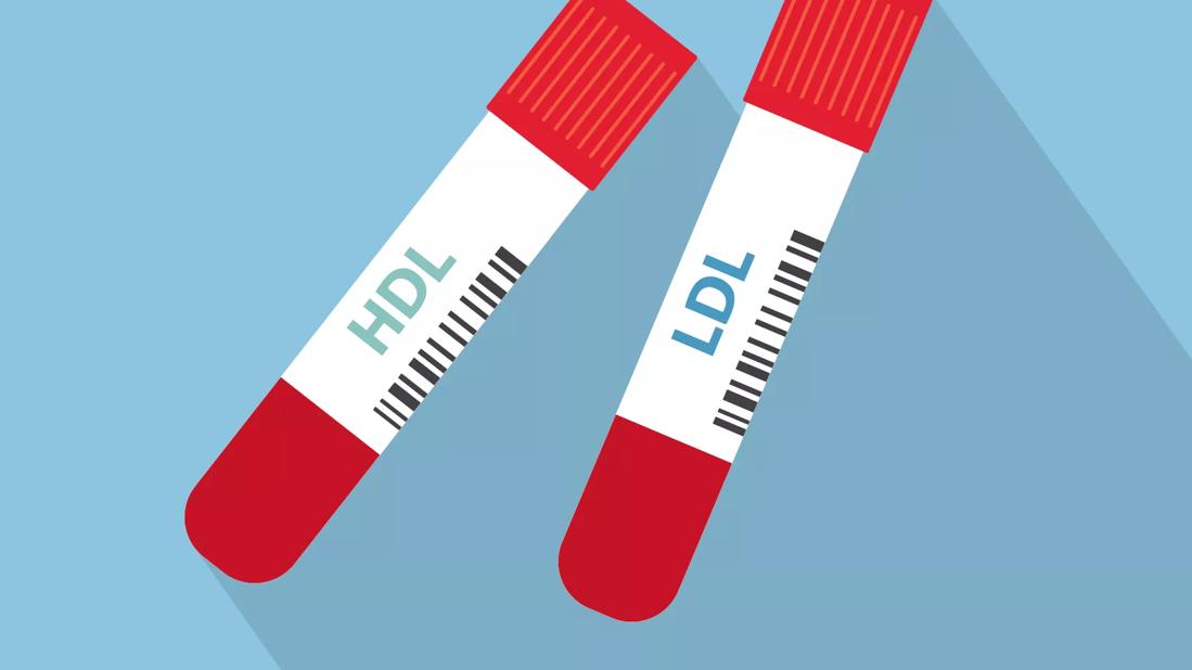 An illustration of two vials labeled "HDL" and "LDL"