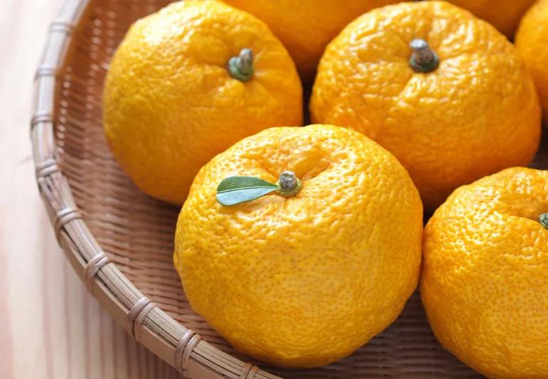 Closeup of yellow yuzu fruit in a wicker basket.