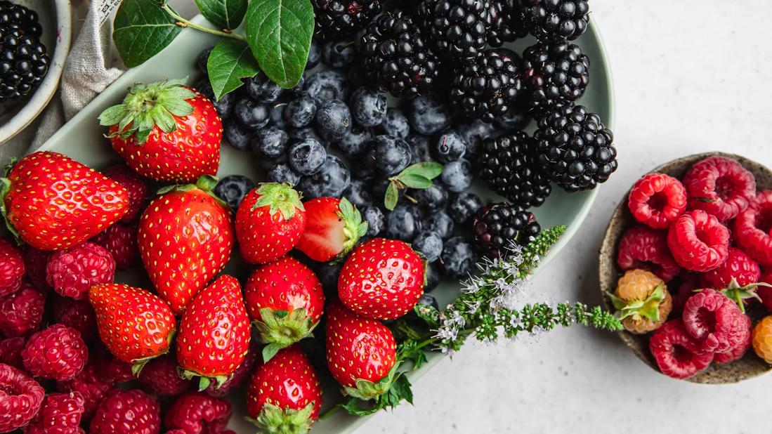 Platter of freah berries: strawberries, raspberries, blueberries, blackberries