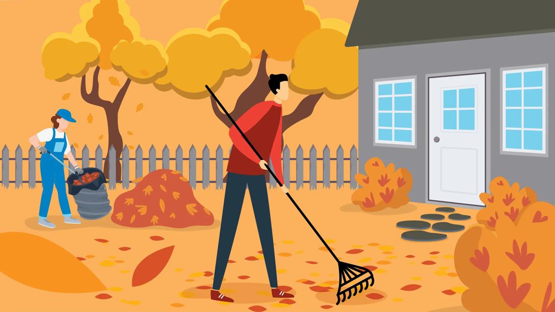 Couple raking leaves in their front yard by their house