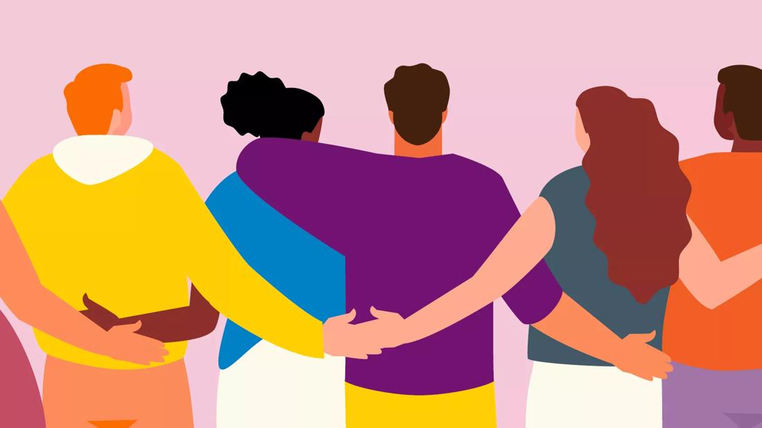 Illustration of a diverse group of people standing with their arms around each other