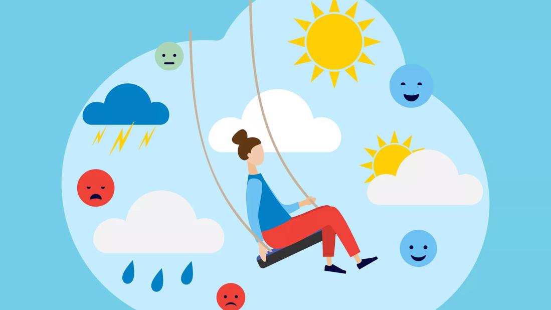 person on a swing between sun and rain