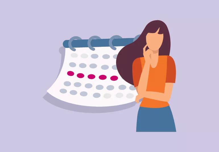 Graphic of woman with a calendar wondering if stress is the reason her period is late.