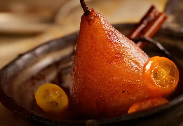 poached pear and kumquats