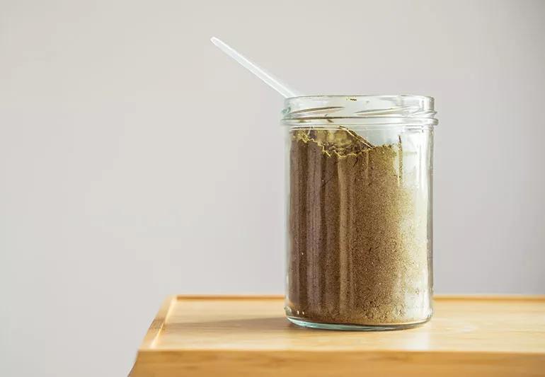 A jar filled with hemp powder
