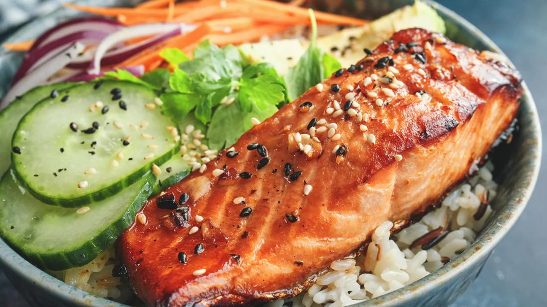 Salmon over rice with veggies