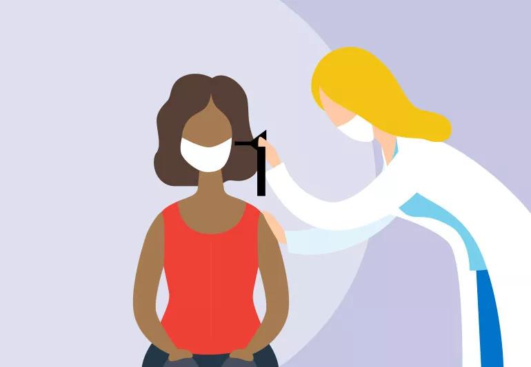 illustration of woman getting her hearing checked by doctor