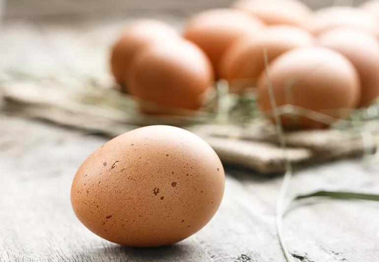 A brown, speckled egg with nine more eggs in the background