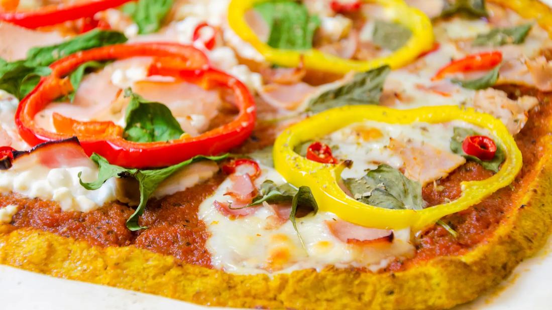 Rainbow veggie pizza with chickpea-cauliflower crust