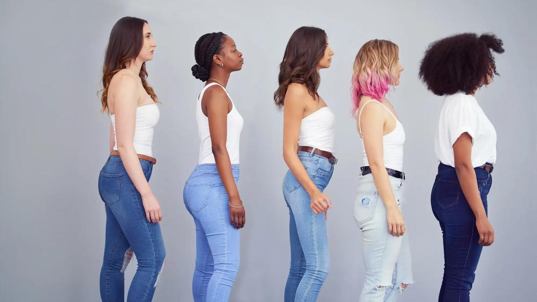 Line of different height women in side profile