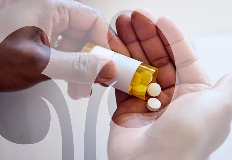 Person spilling pills from bottle into hand with shape of kidneys overlayed in the foreground.