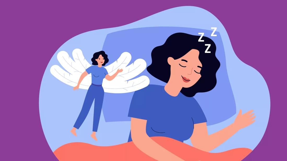 Illustration of person asleep on a pillow with an angel version of themself flying over them