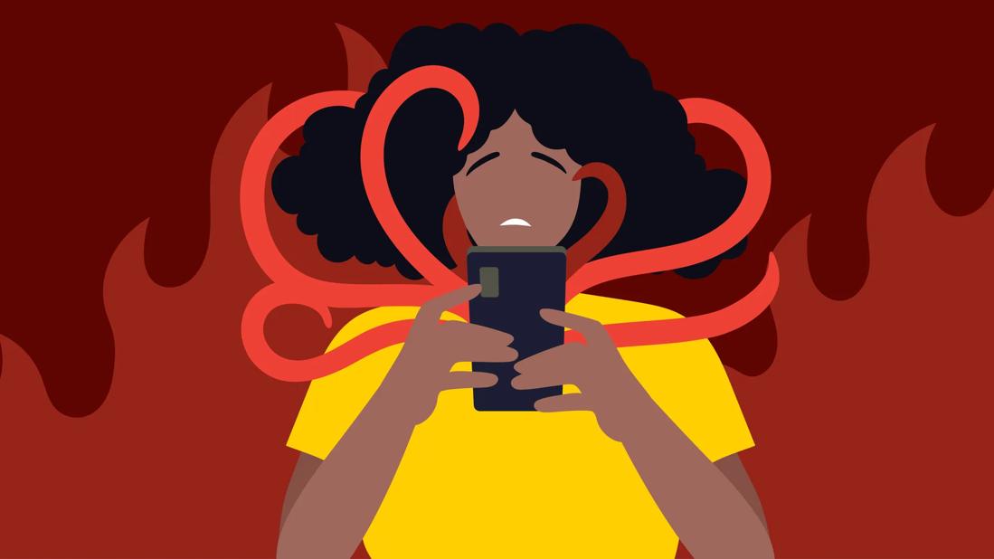 Person looking at phone, with flames in the background, and red tentical-flames coming out of phone