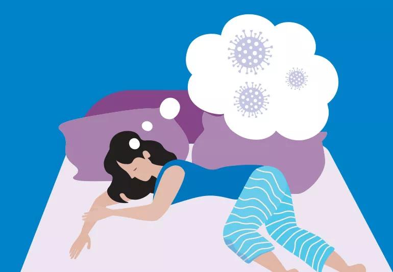 woman sleeping and dreaming of covid virus