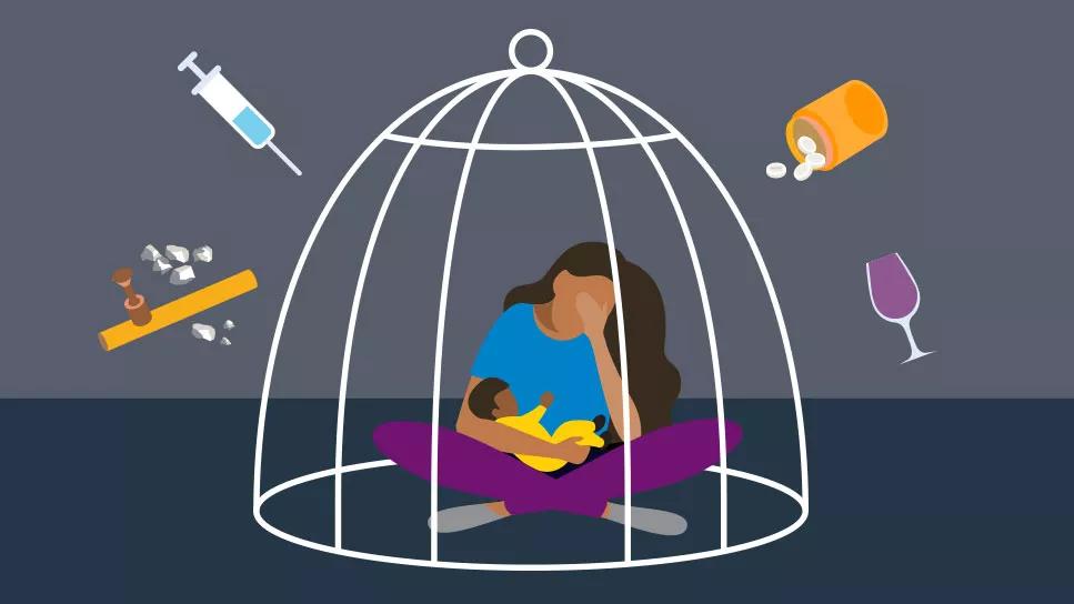 Sad, exhausted parent holding newborn in cage surrounded by drug addiction possibilities