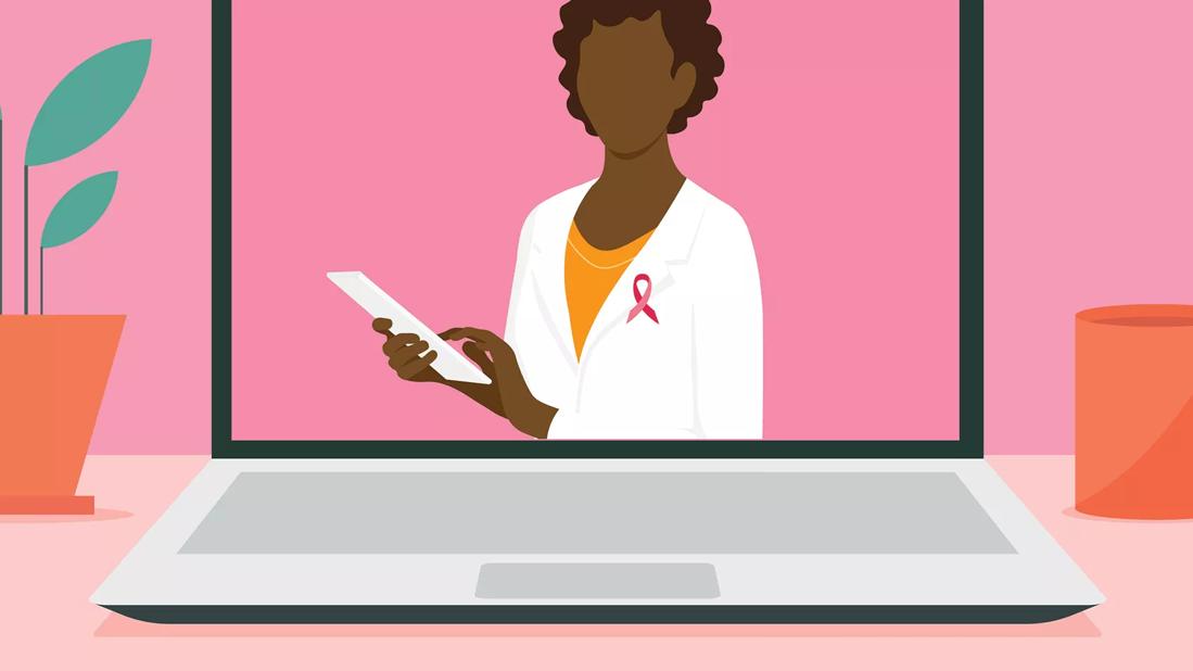 An illustration of computer screen with a doctor wearing a breast cancer ribbon