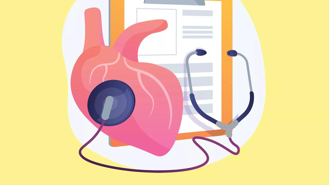 An illustration feautring a stethoscope listening to a human heart.