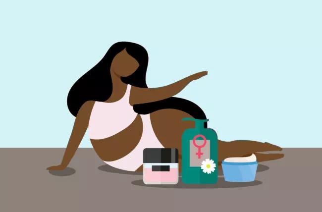 Drawing of woman lying next to bottles of moisturizers and creams