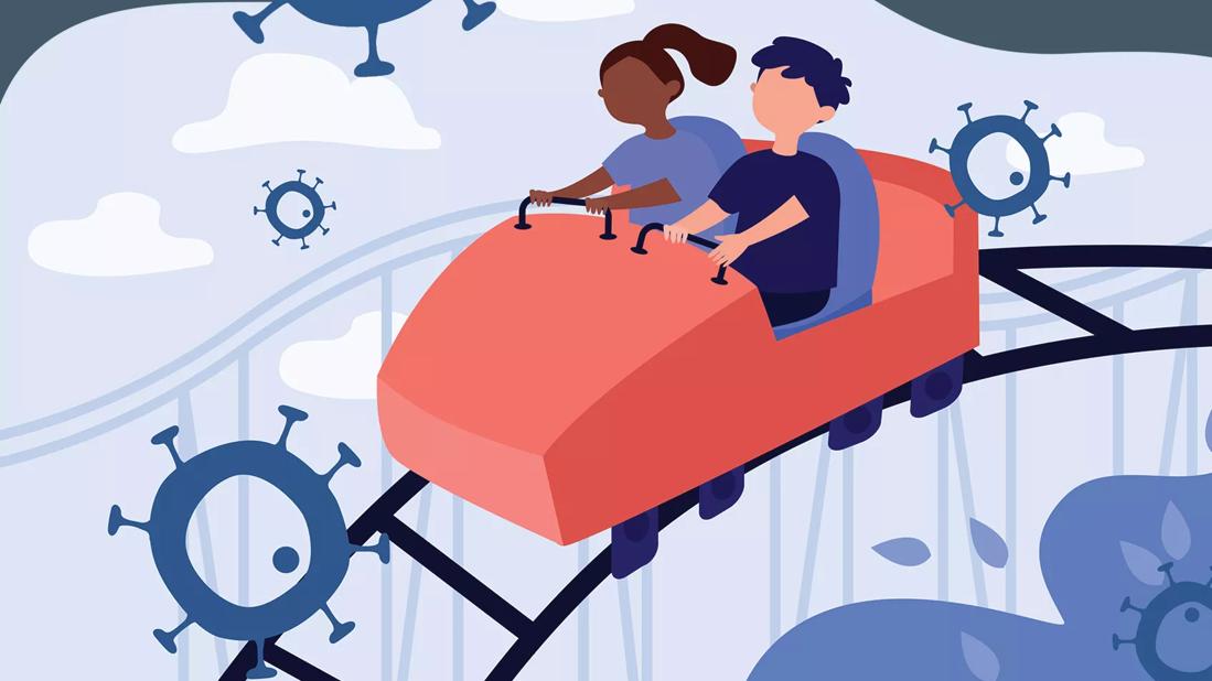 An illustration of two people at the top of a roller coaster hill as viruses swirl around them