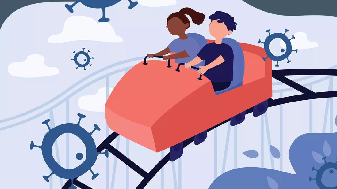 An illustration of two people at the top of a roller coaster hill as viruses swirl around them