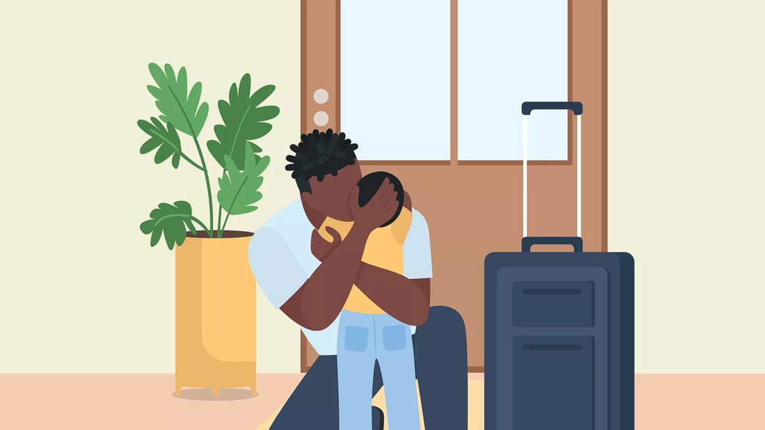 An illustration of an adult and child hugging while a suitcase sits near the door