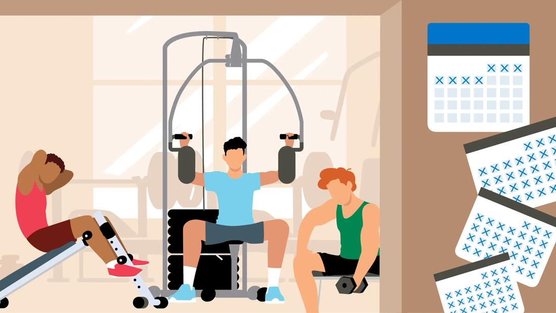 People working out in the gym, with progress calendars nearby