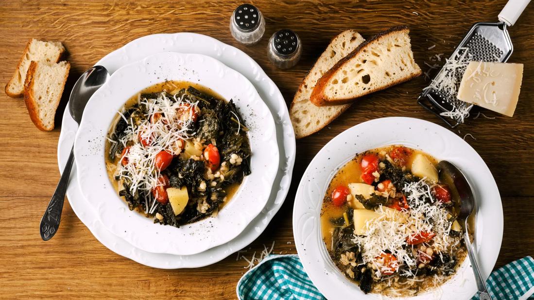 Image of barley soup with kale and parmesan